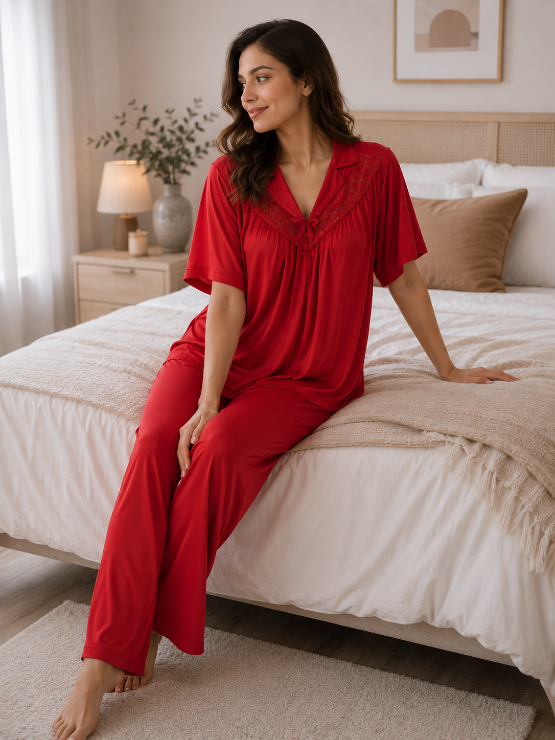 Women’s Red Lace Trim 2-Piece Pajama Set - Image 2