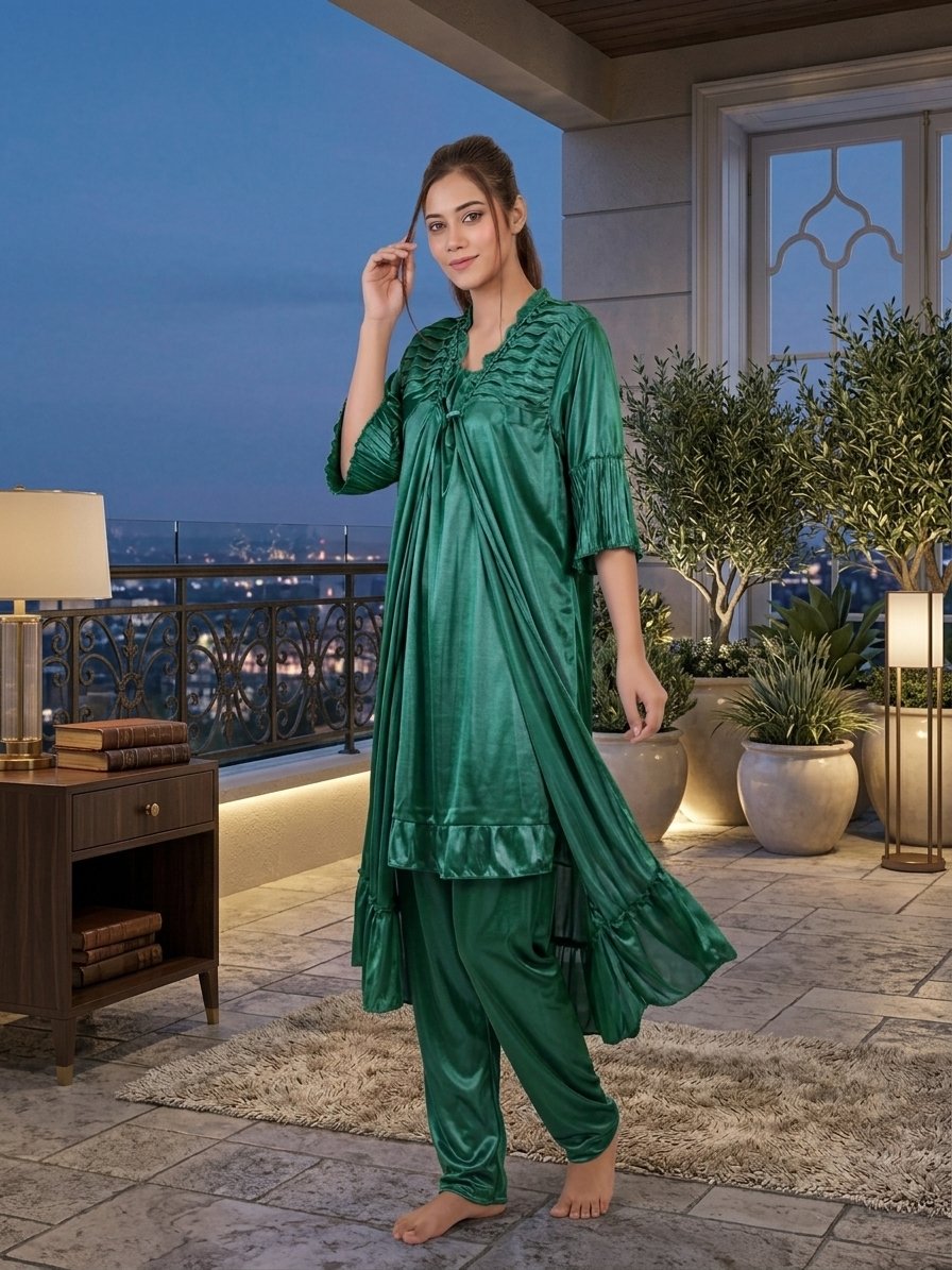 Women's 3-Piece Silk Satin Ruffled Lounge & Nightwear Set - Image 2