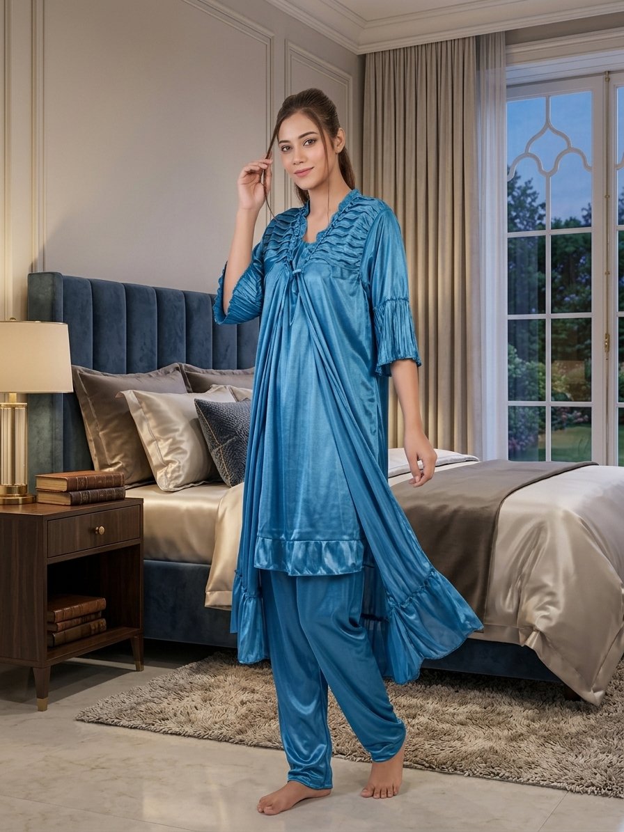 Women's 3-Piece Silk Satin Ruffled Lounge & Nightwear Set - Image 4