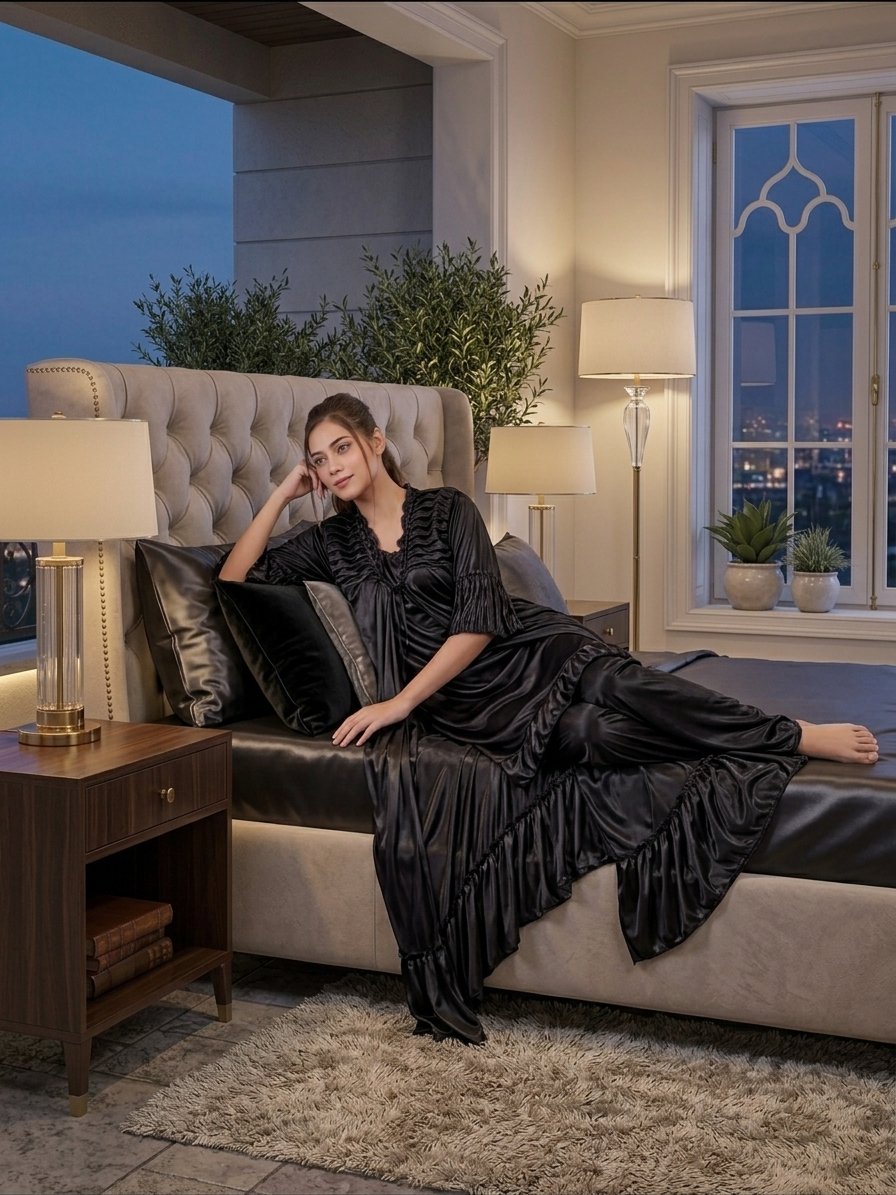 Women's 3-Piece Silk Satin Ruffled Lounge & Nightwear Set - Image 3
